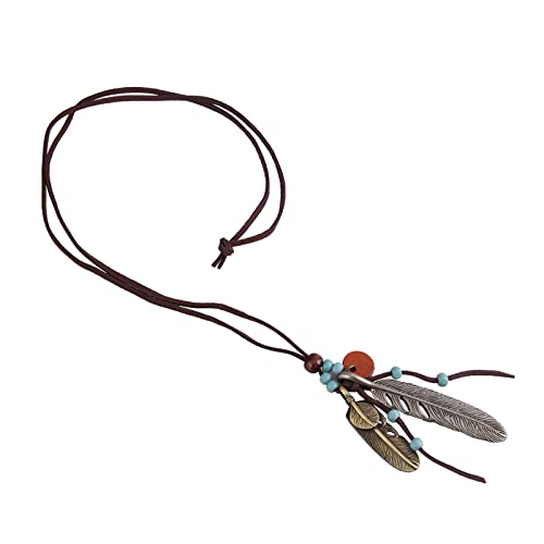 Xiaomtou Boho Necklaces, Double Feather Pendant Necklace Retro Style Unisex Long Leather Necklace For Women Native American Jewelry With Adjustable Leather Cord #TOP6