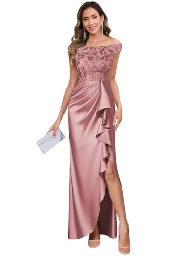 Sequin Mother of The Bride Dresses for Women Long Off The Shoulder Satin Formal Dress with Slit4