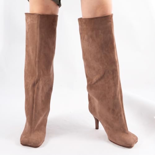 Image of DOBOYG Knee High Suede Boots for Women Wide Calf Square Toe Tall Boots | Stiletto High Heels Pull On Fashion Long Booties