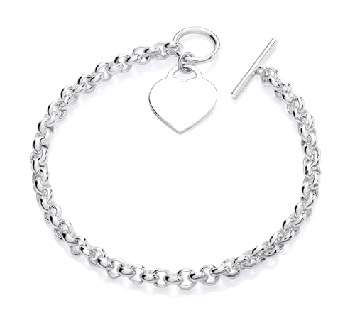 Old English Jewellers 925 Sterling Silver Ladies Belcher Bracelet T BAR Fastening HEART Tag Charm Engraveable