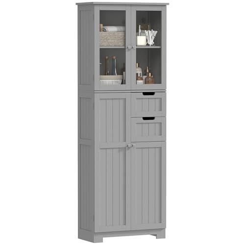 HOMCOM Meuble de Salle de Bain Haut, Meuble de Rangement, Colonne Salle de Bain avec 4 Portes Dont 2 vitrées, 2 tiroirs et étagères réglables, Style...