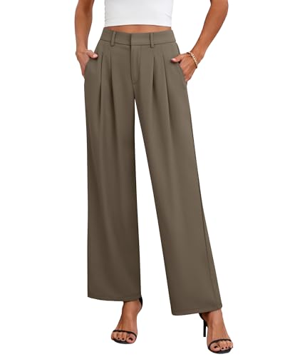 Neer Women's Wide Leg Dress Pants, High Waisted Elastic in The Back Work Trousers with Pockets Business Casual Office Slacks(Ash Brown,L)2