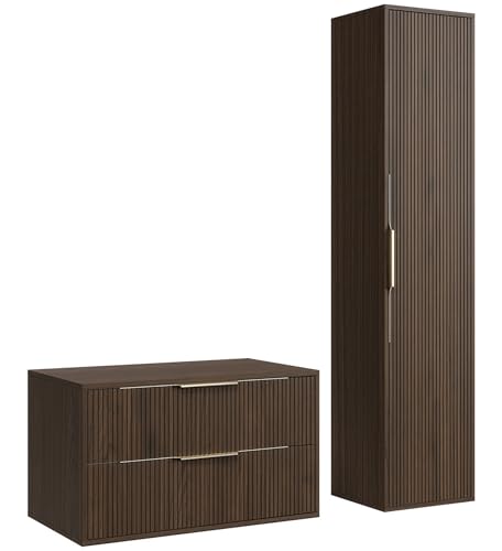 Badplaats Meuble sous-lavabo Rimini 80 x 46 cm Noyer Marron - Meuble de salle de bain suspendu avec 2 tiroirs et armoire haute