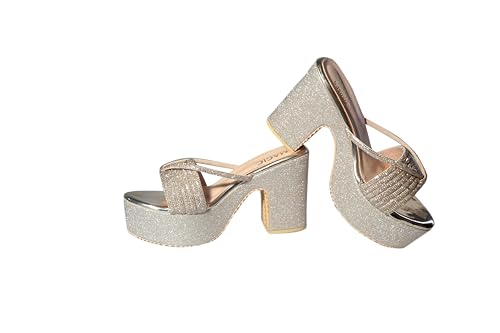 Image of Women's Stylish Platform Block Heel Sandals with Glitter Finish, Cross Strap Design, Cushioned Insole & Slip-On Comfort - Perfect for Weddings, Receptions, Festive & Evening