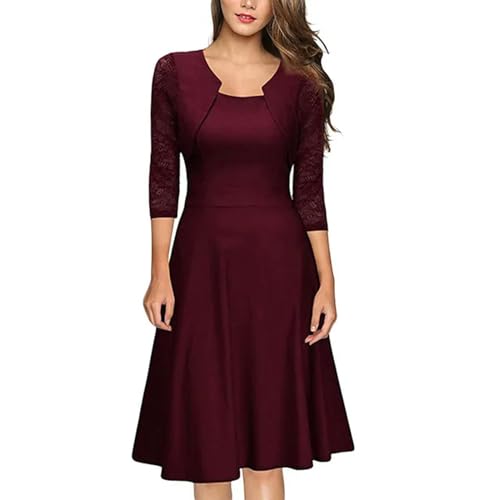 Nuevo Vestido de Fiesta de otoño para Mujer, Vestidos Formales de Encaje Floral con Manga 3/4 de Color sólido para Invitados de Boda, Elegante-Vino-M
