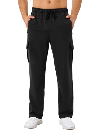 SILKWORLD Men's Cargo Sweatpants Casual Joggers Open Bottom Sweat Pant Baggy Cotton Athletic Pants with Zipper Pockets