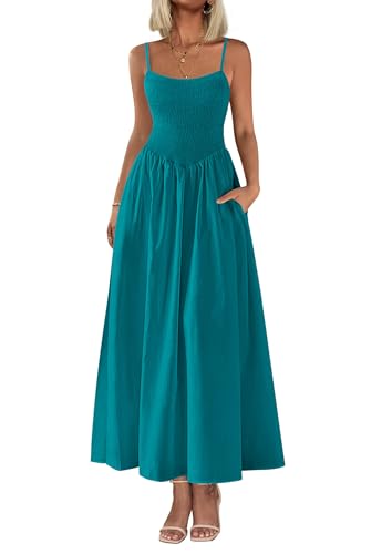 PRETTYGARDEN Women's Smocked Maxi Dresses 2025 Summer Beach Sundress Casual Spaghetti Strap Swing A Line Long Flowy Dress (Lake Blue,Large)