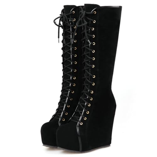 Image of Parisuit Women's Knee High Goth Platform Boots Lace Up Combat Boots | Chunky High Heel, Buckle Boots, Punk Chain Boots