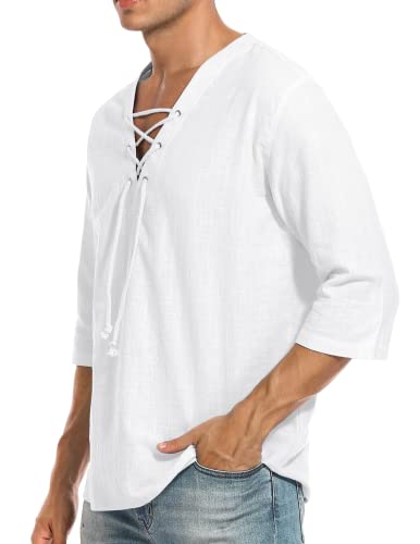 LecGee Men's Casual Cotton Linen Shirt Short Sleeve V Neck Lace Up Hippie Beach Tee Shirts Yoga Summer Top2