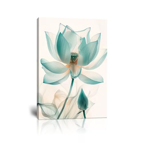 Wall HDQ Lotus Canvas Wall Art for Living Room White and Blue Flower Picture for Bathroom Home Decorations Print Painting Wall Decor Framed