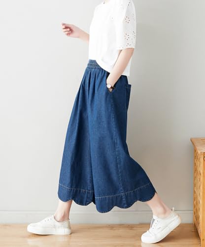 chouyatou Women's Cute Scalloped Hem Baggy Capri Jeans Wide Leg Elastic Waist Cropped Denim Pants with Pockets4
