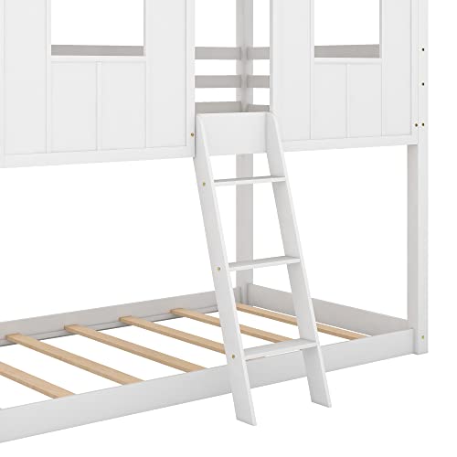 Polibi Twin-Over-Twin Wooden House Bed, Bunk Bed With Playhouse, Farmhouse, Ladder And Guardrails (White + Gray) #TOP5