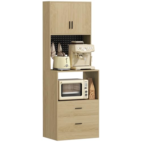 HOMCOM Meuble micro-ondes, buffet, armoire de cuisine, 2 tiroirs, 2 portes, plan de travail, étagère réglable, panneau perforé, 4 crochets, meuble de rangement pour salle à manger, salon, bois naturel