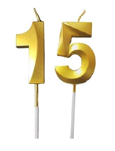 Image of ToyUniverse Number 15 Metallic Gold 3D Candle for Fifteenth Birthday, Anniversary, Surprise Party Cake Decoration (Pack of 2)