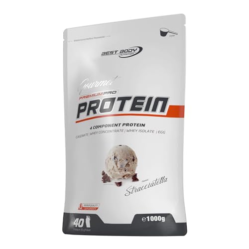 Best Body Nutrition Gourmet Premium Pro Protein Pulver Stracciatella mit Schokostückchen – 1 kg – 4 Komponenten Whey Protein – Caseinat, Whey Konzentrat, Whey Isolat, Eiprotein – Cremiger Eiweiß Shake
