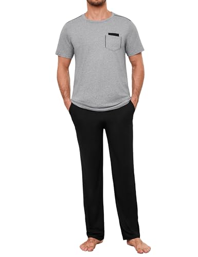 Uniexcosm Schlafanzug Herren Lang Zweiteiler Pyjama Set Rundhals Nachtwäsche Kurzarm Oberteil und Pyjamahose für Männer Grau M