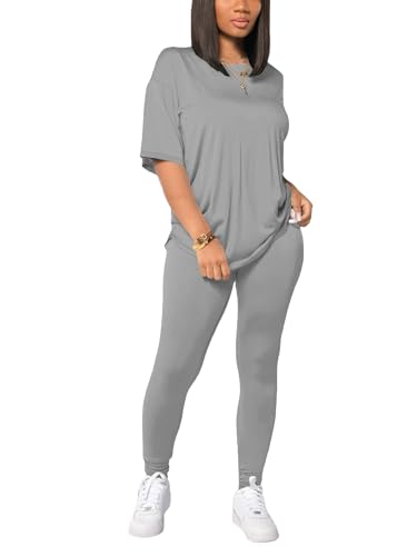 HBQ Women 2 Piece Outfits Summer Sweatsuits Drop Shoulder Tracksuits Biker Short Workout Jogger Sets Grey M