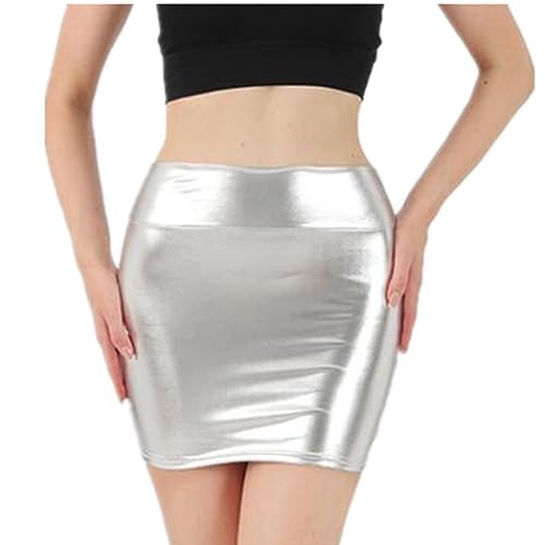 SamHeng Femme Mini Jupe Courte Sexy Brillant métallique Bodycon Jupe Crayon Cuir Verni Mouillé Wetlook Costume de Club Soirée Cocktail Party, Argenté