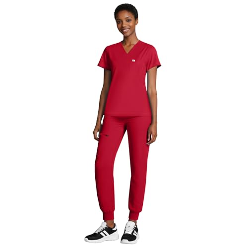 Eipnare Medical Scrubs for Women Set V-Neck Nurse Uniform Top & Stretch Jogger Pants with Yoga Waistband Jogger Scrubs for Women Esthetician Red S