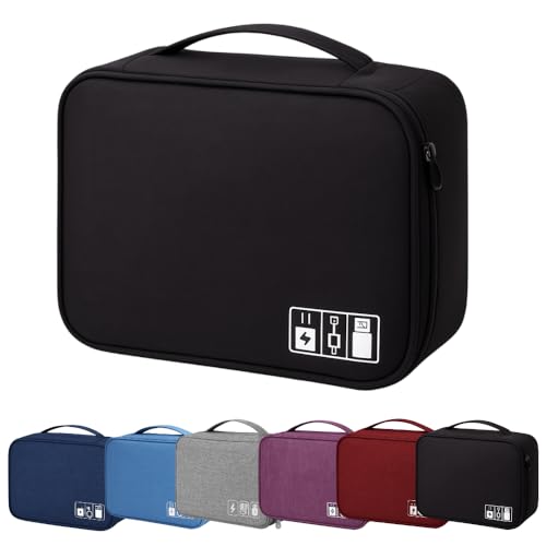 Estojo Organizador Necessárie Bolsa de Transporte Para Cabos, Fios, Acessórios Eletrônicos, Carregador USB C, Cartão SD, Disco Rígido, Mouse, Modelo Rígido, Portátil Multifuncional (Preto)