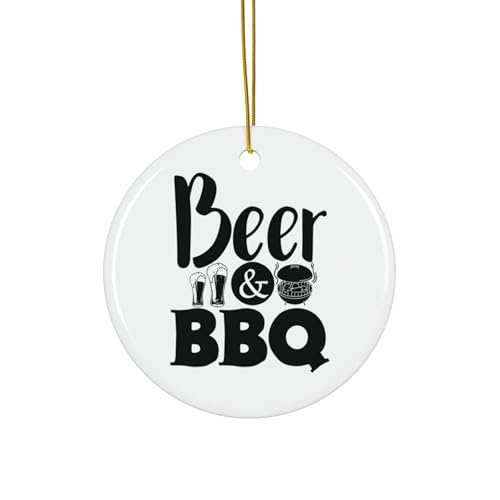 Enfeite de churrasco de cerveja, decorações de Natal, ornamento circular de 7,6 cm, ornamento de cerâmica