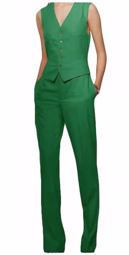 2 PC Linen Womens Outfits Sleeveless Blazer Vest with Pants Cropped Vest Tops Suit Women Tuxedos Suit3