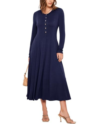 Glamaker Womens Long Sleeve Dress - 2025 Trendy Fashion Crew Neck Button Down Fit & Flare Fall Midi Dresses with Pockets (Navy Blue XL)