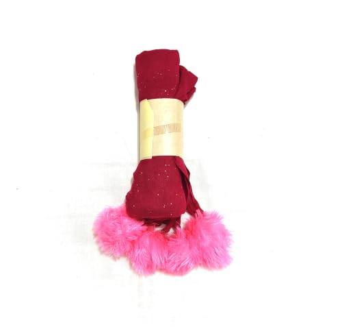 Image of Women's Dupatta | Maroon with Pink Faux Fur Pom Pom Border | Glitter Detail | Festive Style
