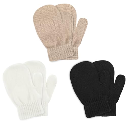 Abeillo 3 Pairs Toddler Gloves Ages 2-4 Years, Winter Baby Warm Mittens, Cute Stretch Full-Finger Knitted Gloves