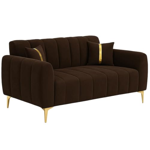 Image of FURNY Harmony 2 Seater Velvet Fabric Sofa Set (Dark Brown) with Golden Finish Legs | Durable & Comfortable | Ideal for Living Room