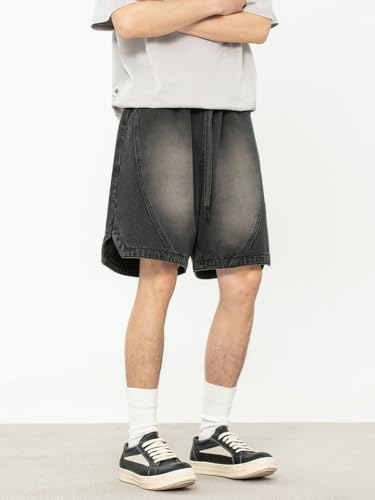 Men's Y2K Baggy Denim Shorts Loose Fit Vintage Harajuku Casual Jorts 2026 Summer Elastic Waist Alt Emo Streetwear (Black,Large) — view 3
