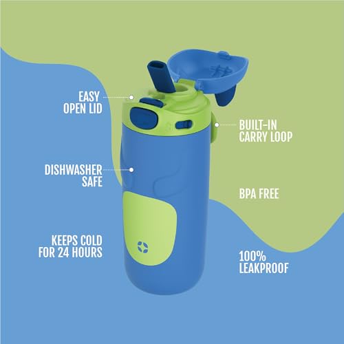 Ello Ellies 12oz Vacuum Insulated Stainless Steel Kids Water Bottle with Straw and Built-in Carrying Handle and Leak-Proof Locking Lid for School Backpack, Lunchbox and Outdoor Sports, Dog