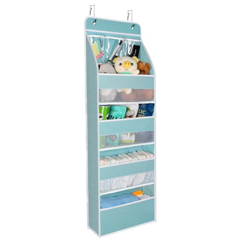 Image of Univivi 5-Shelf Fabric Door Storage Over Door Hanging Organizer with 4 Large Pockets and 3 Small PVC Pockets Nursery Closet Cabinet Wall Mount Hanging Storage Organizers for Baby Nursery (Blue)