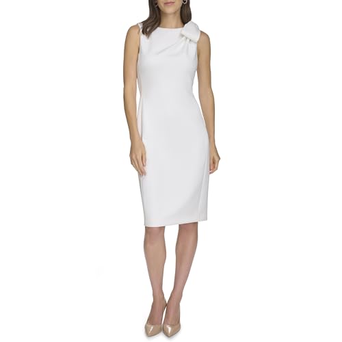 Image of Calvin Klein Women's Sleeveless Bow Shoulder Detail Knee Length Crepe Sheath Dress