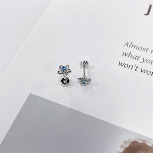 20g Hollow Blue CZ Flower Screw Flat Back Small Stud Earrings for Women Stainless Steel Cute Floral Cherry Cubic Zirconia Crystal Cartilage Tragus Piercing Little Studs Hypoallergenic Fashion Jewelry for Daughter Xmas2