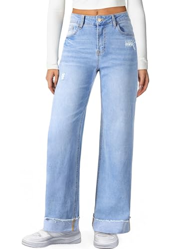 Sidefeel Women's Fleece Lined Jeans High Waisted Stretchy Wide Leg