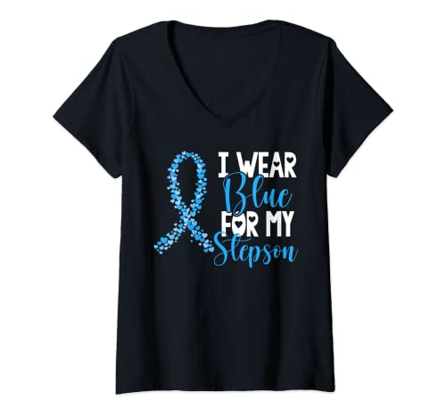 Womens I Wear Blue For My Stepson Colon Cancer Awareness Support V-Neck T-Shirt