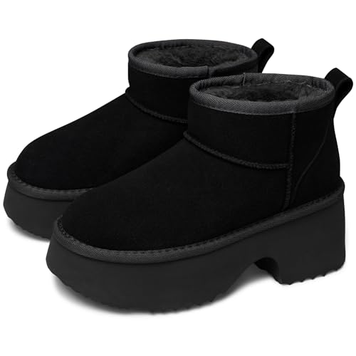 TEMOFON Womens Snow Mini Boots: Genuine Suede Leather Heights Platform Ankle Boots - Winter Warm Fur Lined Anti-Slip Fashion Booties Black Size 7.5