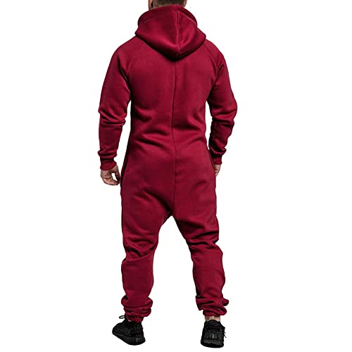 WUAI Onesie Men's Hooded Jumpsuit Zip Up One Piece Pajamas Playsuit Jogger Sweatsuit Overall Romper Red3