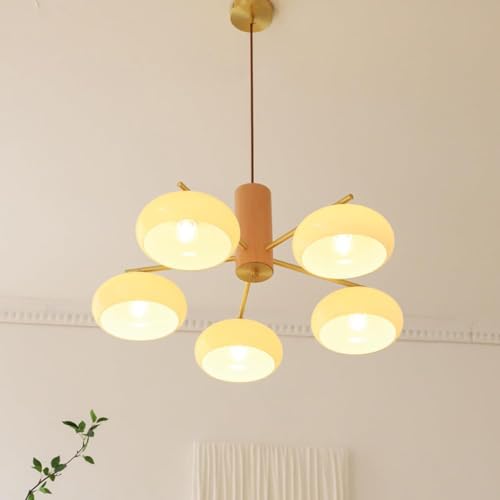 Lámpara de araña Moderna de Mediados de Siglo con diseño de Madera y Vidrio opalino, lámpara Colgante de Techo rústica Vintage para Comedor, Sala de Estar y Dormitorio.