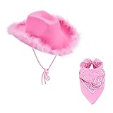 SXYPAYXS Womens Cowboy Hat Adjustable Chin Strap Scarf Fashionable Felt Western Hat Costume Wedding Party Costume Accessories (Pink raw Edge, ONE Size)