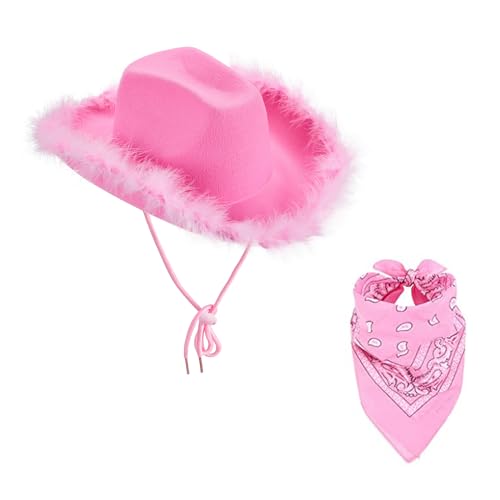 SXYPAYXS Womens Cowboy Hat Adjustable Chin Strap Scarf Fashionable Felt Western Hat Costume Wedding Party Costume Accessories (Pink raw Edge, ONE Size)