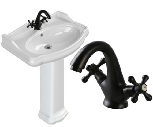 CeraStyle RETRO Juego de fregadero de pedestal de cerámica blanca de 80 x 54 cm con grifo de lavabo de doble mango negro