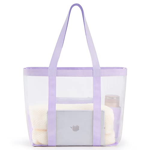 KALIDI Strandtasche, Netztasche, leicht, faltbar, Strandtasche mit Reißverschlusstasche für Frauen, Urlaub, Strand, Pool, Ausflug, M-lila, Large Cover