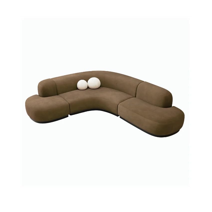Image of Flannel Curved Corner Sofa 5 Seater Style Comfy Couch for Living Room Apartment, L-Shape Right Chaise, Brown