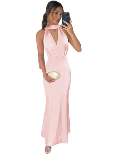Satin Bridesmaid Dresses with Scarf Long Halter Mermaid Formal Dress for Women4