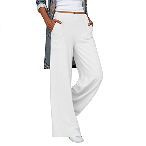 YOLAI Womens Casual Wide Leg Pants Solid High Waisted Loose Cozy Pants Comfy Lightweight Pants with Pockets (White, M) - Main Image