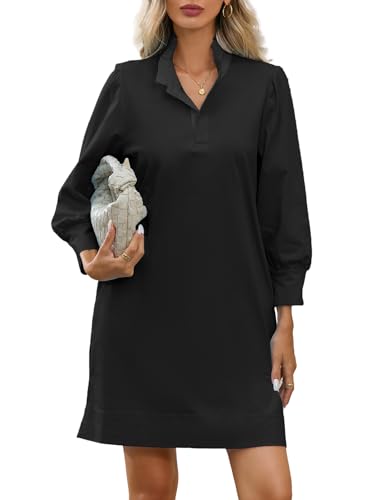 Ladyful Shirt Dress for Women Casual Ruffle Mock Neck Puff Long Sleeve Shift Dress Elegant Loose Mini Dresses with Pockets