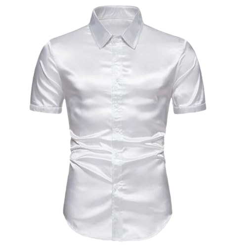 Vsadsau Men's Satin Shirt Short Sleeve Button Down Solid Color Tuxedo Business Slim Wedding Shirts