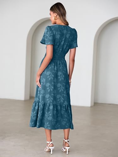 Image of Simplee Womens Summer Boho Maxi Dress Semi Formal Wedding Guest Short Sleeve V Neck Empire Waist Floral Long Dresses